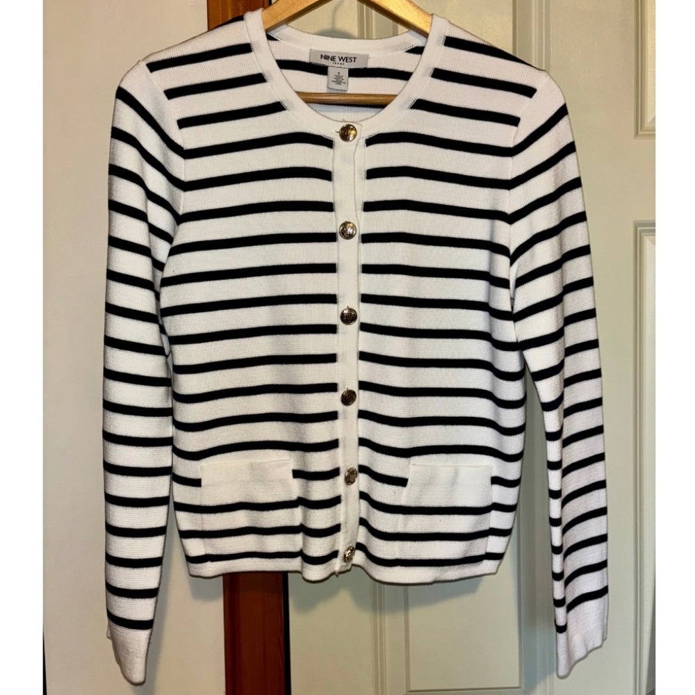 Nine West Striped Navy Blue and White Cardigan